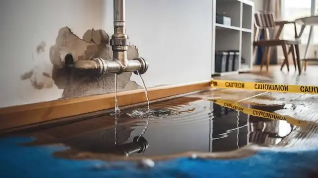 Water spraying from a damaged pipe at a wall and pooling on the floor with caution tape