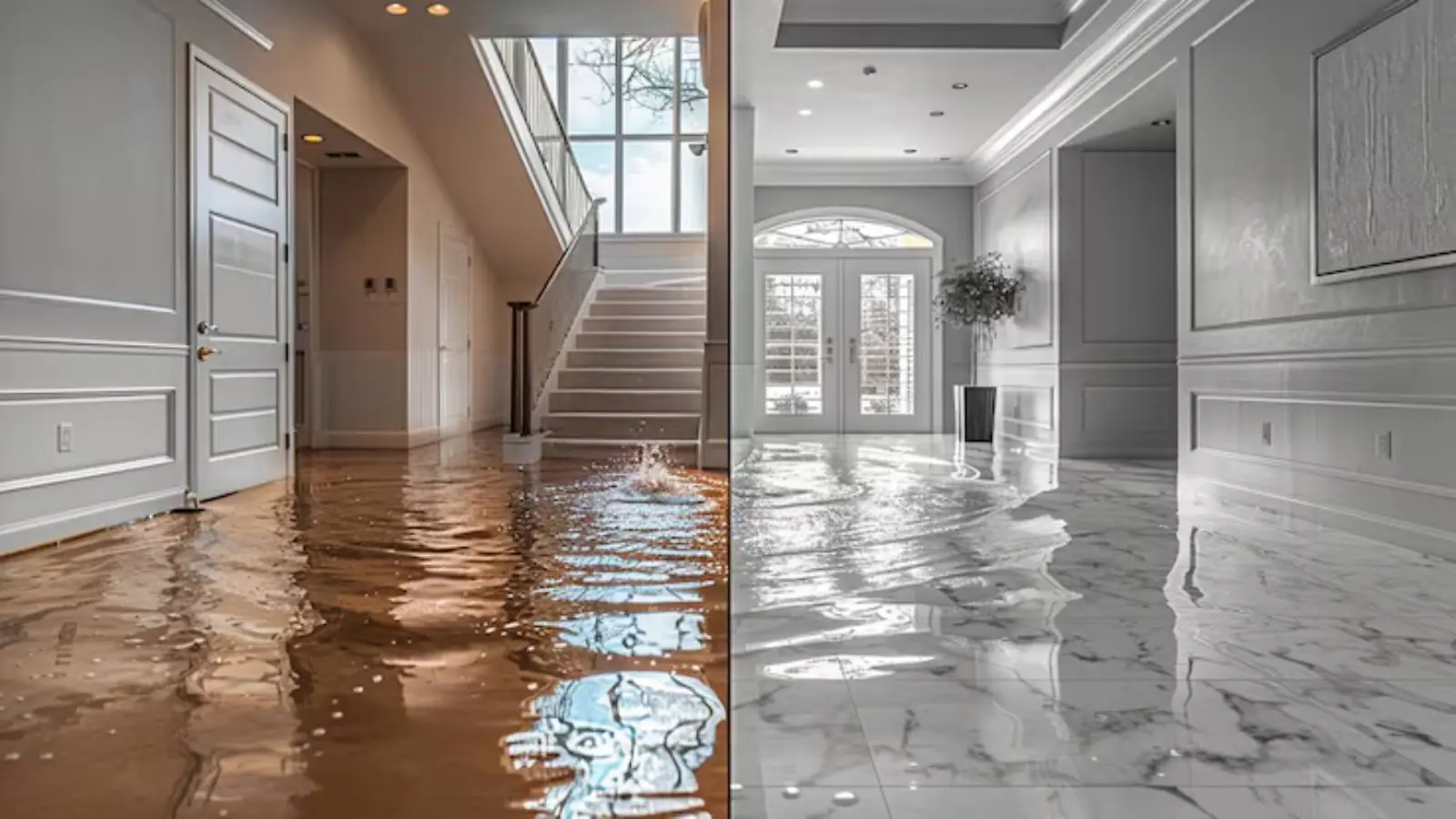 Floodwater standing in a hallway and stairway entry after a flood