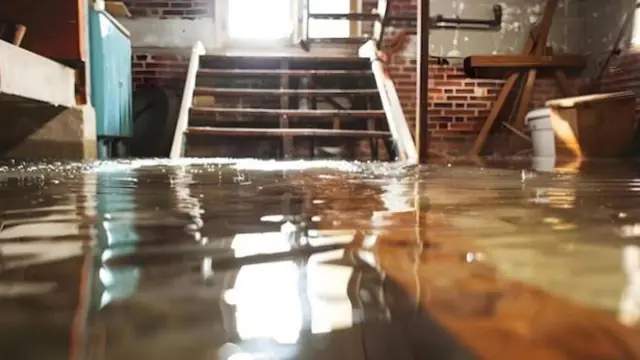 Water standing at the bottom of a basement stairway after a storm