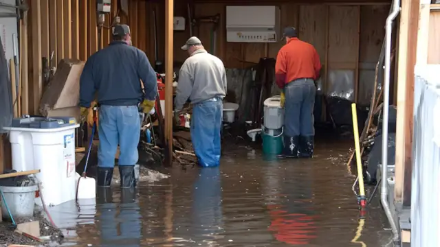 Workers in rubber boots standing in standing water in a basement with buckets and equipment