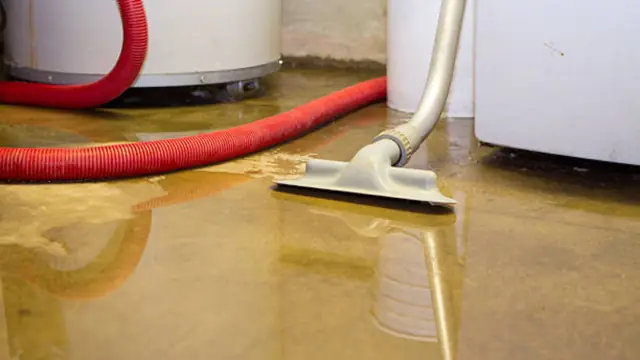 Wet vacuum with a red hose pulling water from the floor beside a laundry appliance