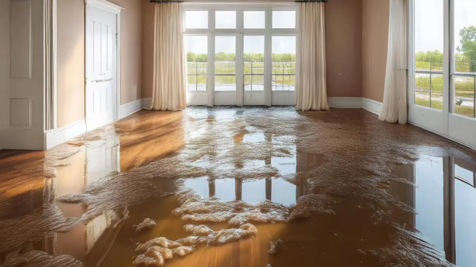 Water spread across a hardwood floor in a sunny room with patio doors