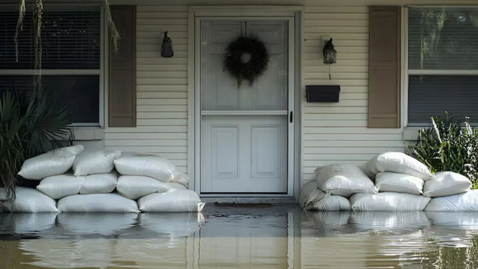 Sandbags stacked at the front door of a house with water pooling on the porch