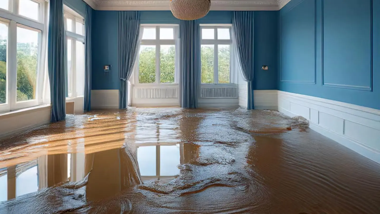 Water spread across a hardwood floor in a room with blue walls