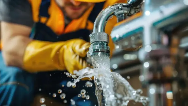 Gloved hand on a pipe fitting with water gushing out